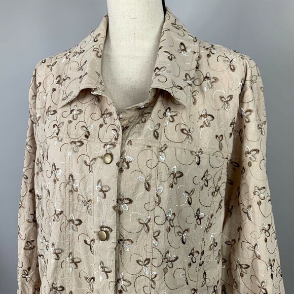 Leslie Fay Woman Button Up Shacket Plus 2X Beige Embroidered Cotton - Picture 2 of 11